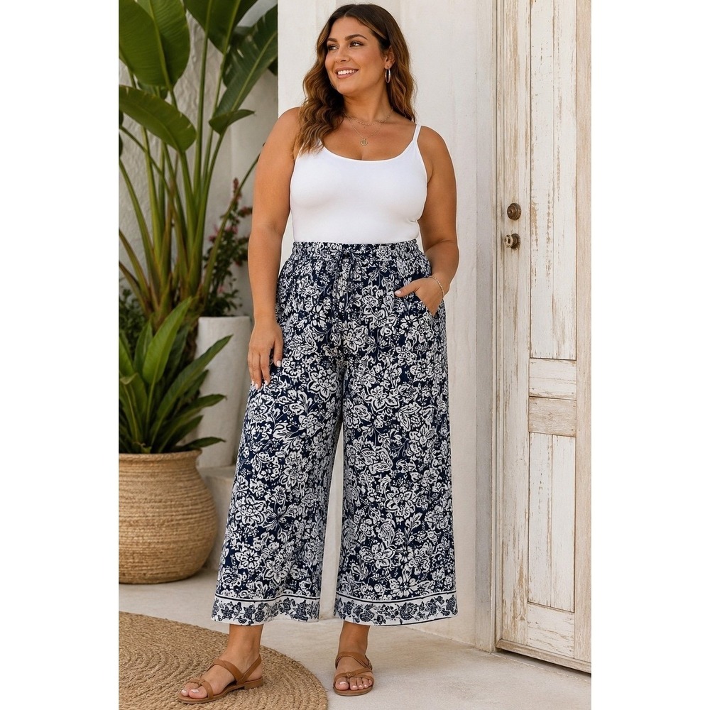 Lane‎ Bryant Womens 28 Navy Blue Floral Wide Leg Cropped Pants Rayon Plus